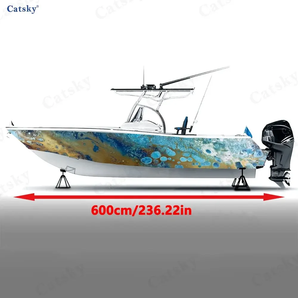 2Pcs Fluid Blue & Gold Boat Hull Decal, Abstract Marbled Pattern for Watercraft, Long-Lasting Weatherproof Vinyl