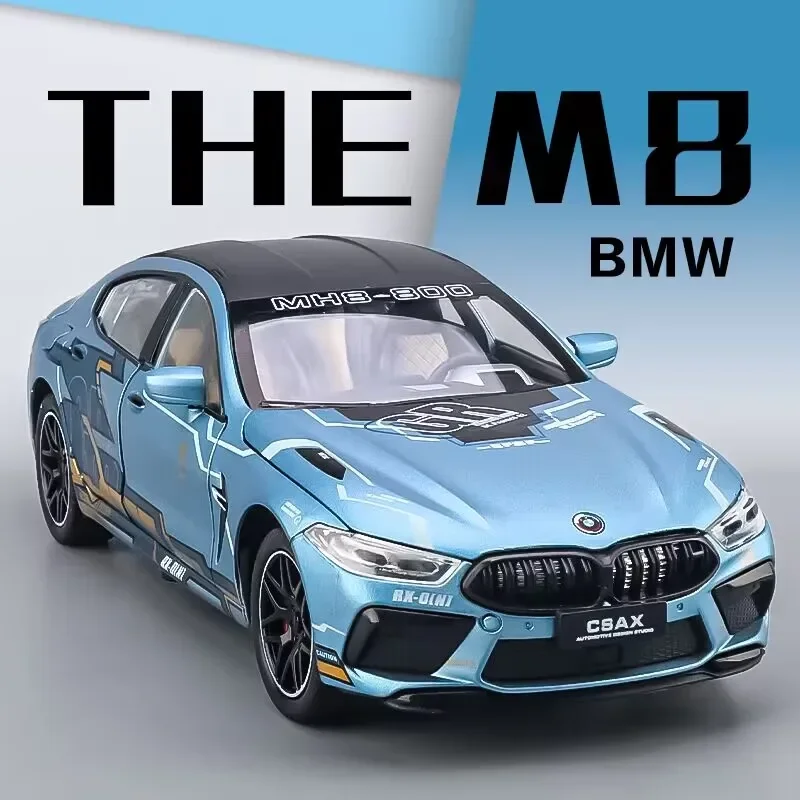 BMW M8 modelo supercar para crianças, carro de liga, som e luz, puxar para trás, Die Cast, brinquedo infantil, colecionáveis, presente de