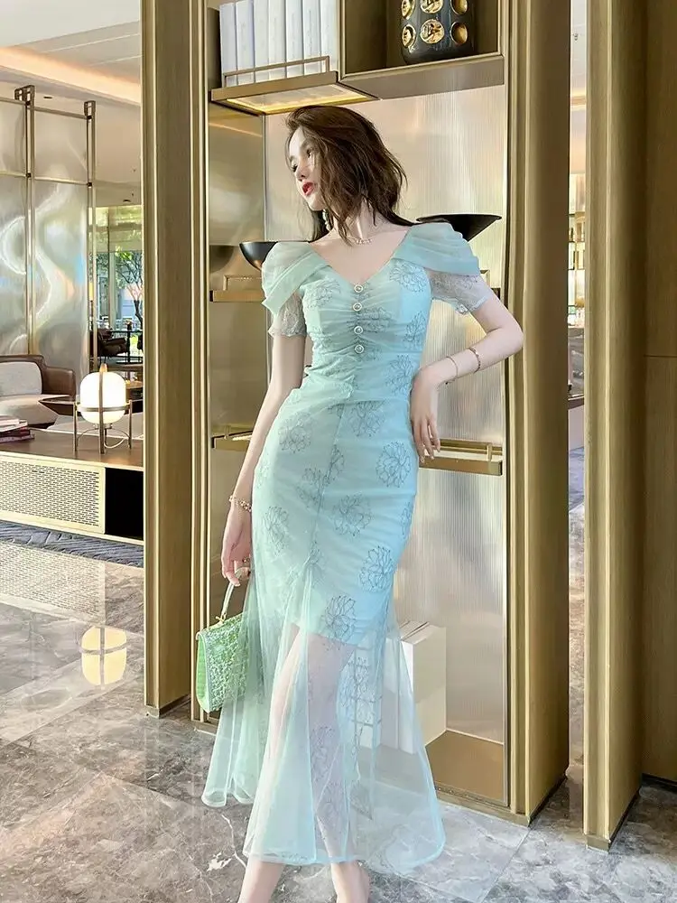 Summer Long Evening Dress Women Elegant Pretty Black Sexy V-Neck Wrap Hip Midi Party Birthday Robe Mujer Vestido Fiesta Clothing