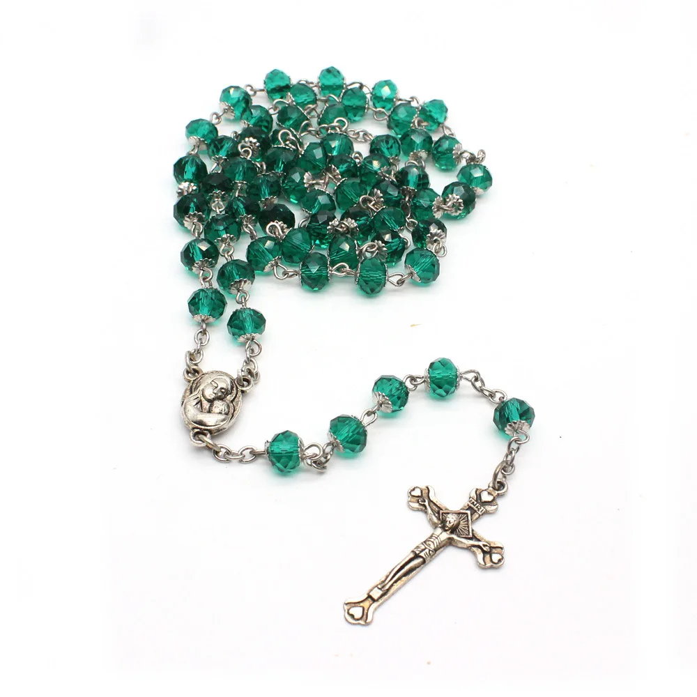 CR037 Green Rosary Beads Acrylic Natural Stone Catholic Necklace High End Cross Bitter Like Christian Religio