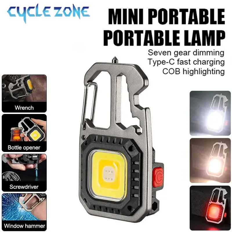 Portable LED Keychain Mini Flashlight Rechargeable Work Light Safety Hammer Lamp Outdoor Camping Light Pocket Wrench Screwdriver