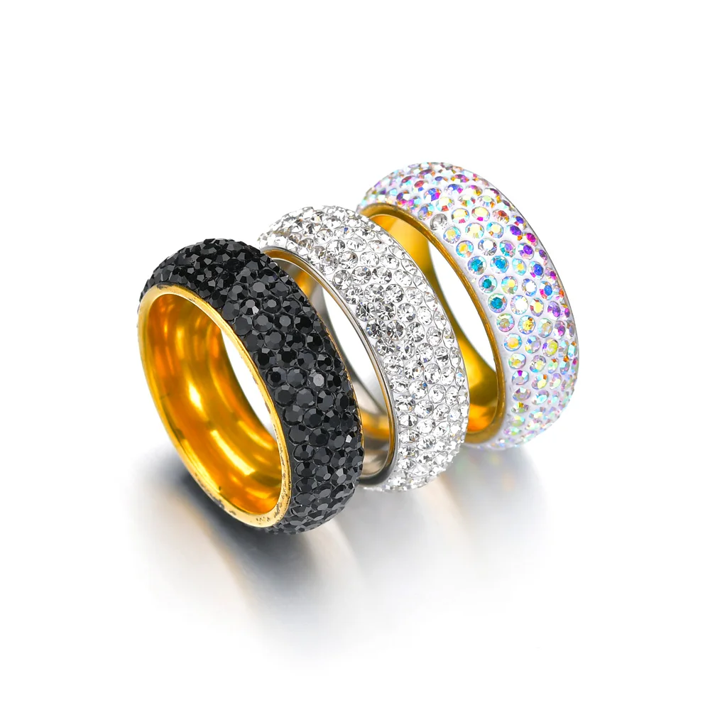 Anillo de compromiso de acero inoxidable para mujer y hombre, sortija de boda con cristal brillante de 5 filas, joyería colorida, tamaño 7-11