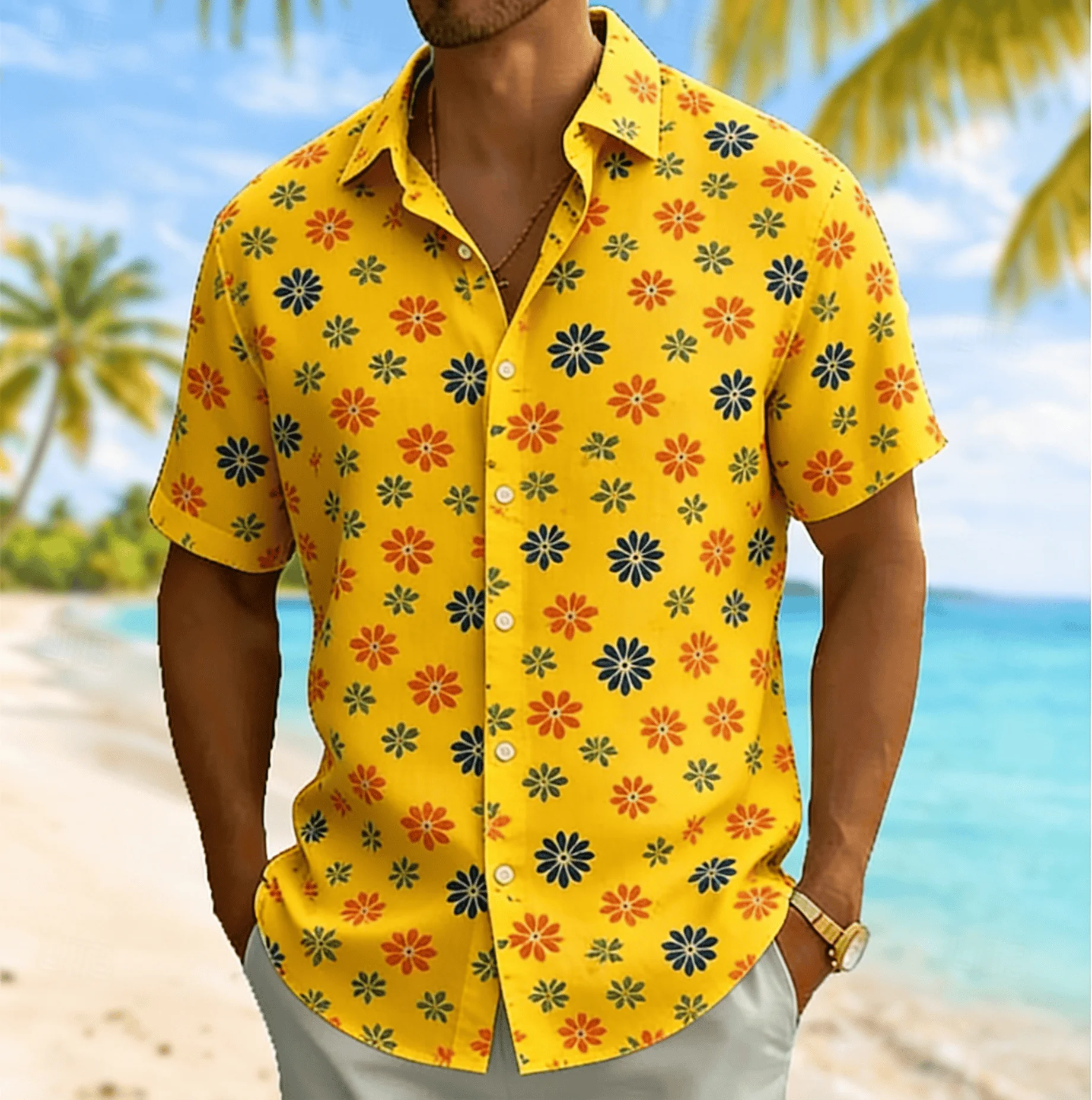 Men's Orange Blue Daisy Print Short Sleeved Shirt, Breathable and Comfortable Shirt Top for Spring and Summer Leisure Vacation