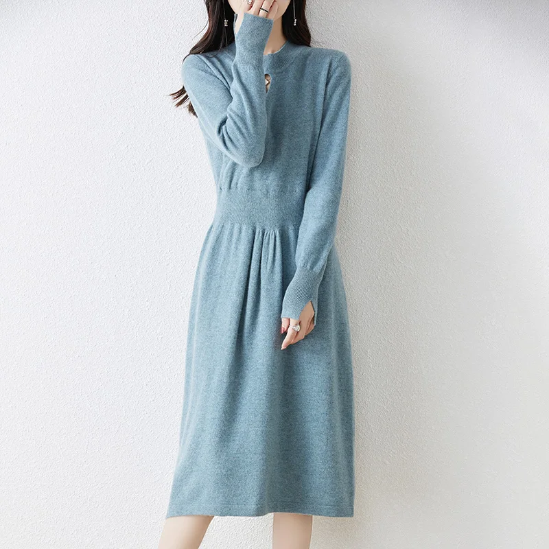 Fall/Winter Wool Knitted Dress Women\'s Half-high Neck Long Waist Sweater Skirt Loose 100% Wool Over-the-knee Skirt