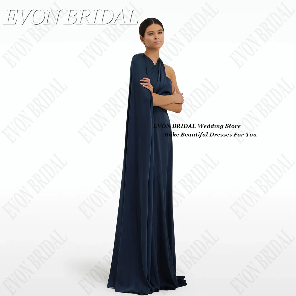 

EVON BRIDAL Navy Blue Evening Dress With Cap Sleeves Satin A-Line Floor Length فساتين سهره Saudi Arabic Women Formal Party Gown