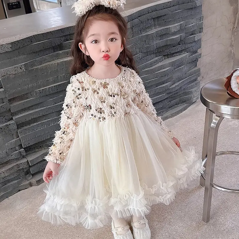 Girls\' Long-sleeved Dress Autumn Winter Girls\' Sequin Studded Beads and Fleece Thickened Long-sleeved Princess Dress with Bow