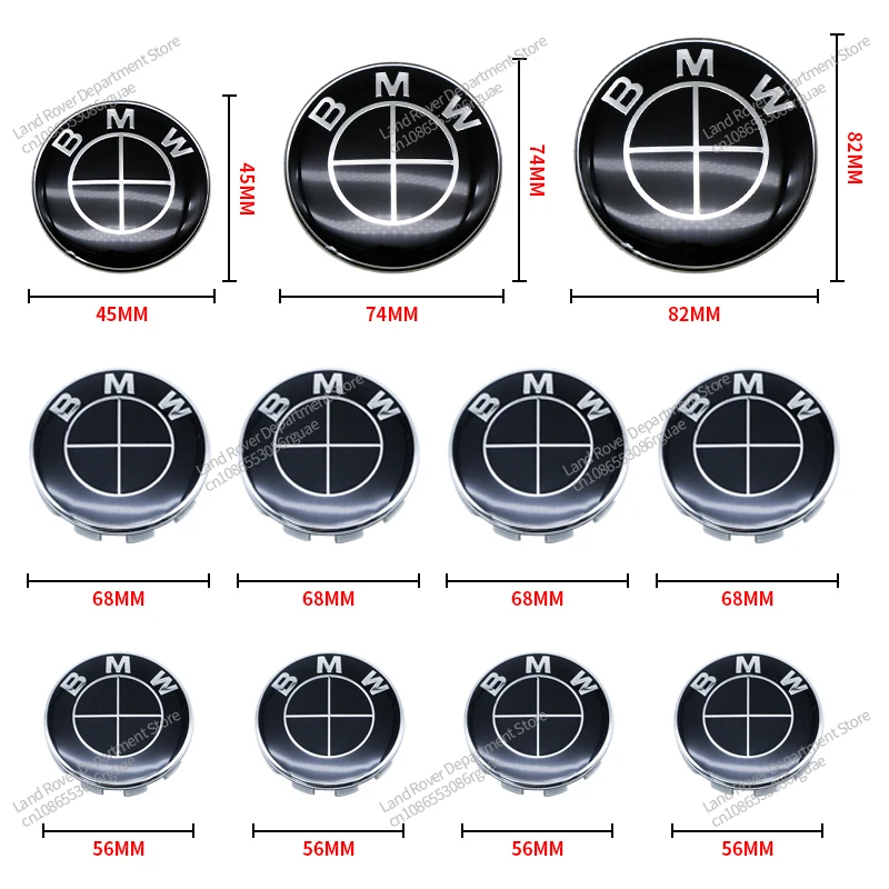 7pcs 82mm 74mm 45mm 56/68mm Original BMW full Black Logo Car Front Bonnet Hood Rear Tail Trunk Wheel Hub Cap Emblem Badge