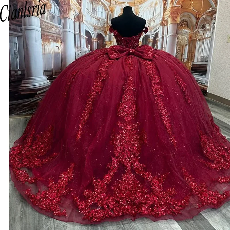 Burgundy Ball Gown Quinceanera Dresses For 15 Years Sequined Appliques Party Dress Robes De Soirée