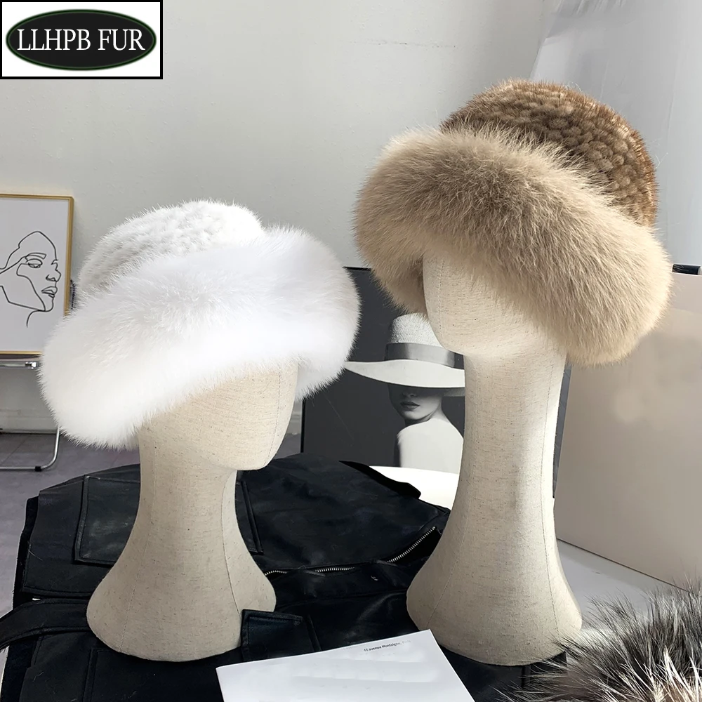 New Genuine Real Natural Knitted Mink Fur Hat Luxury Women Handmade Knit Fashion Winter Headwear Warm Real Fox Fur Buctet Caps