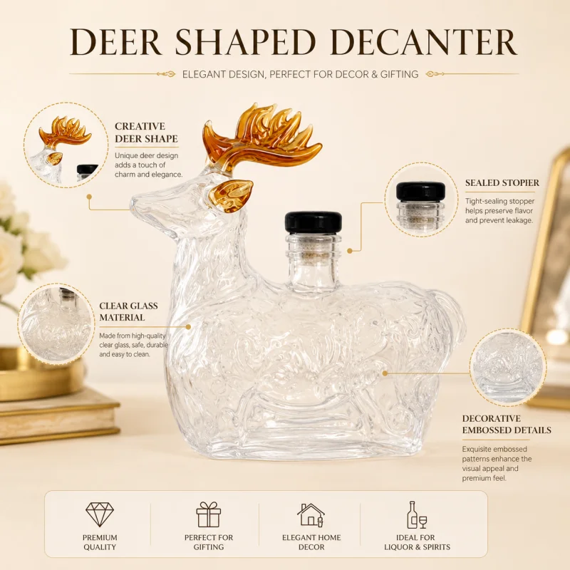 Luxury Deer Design Glass Spirit Decanter Amber Antler Liquor Bottle for Men Birthday Housewarming Bar Gift