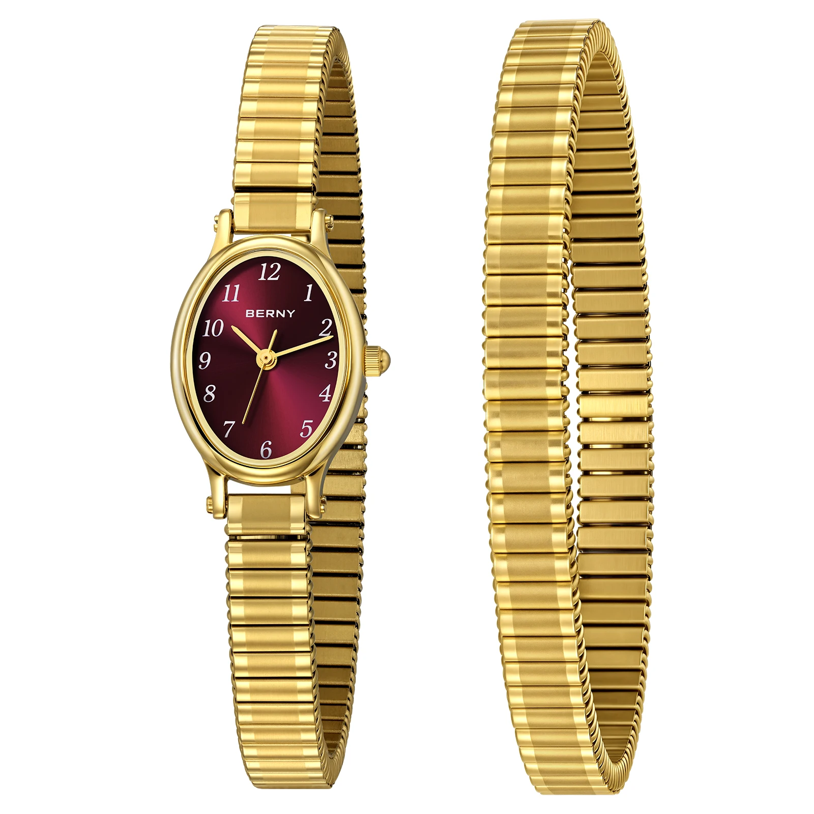 BERNY Golden Watches for Women Luxury Gold Elastic Strap Elegant Easy Read Ladies Watch Stretch Bangle Dress Wristwatch