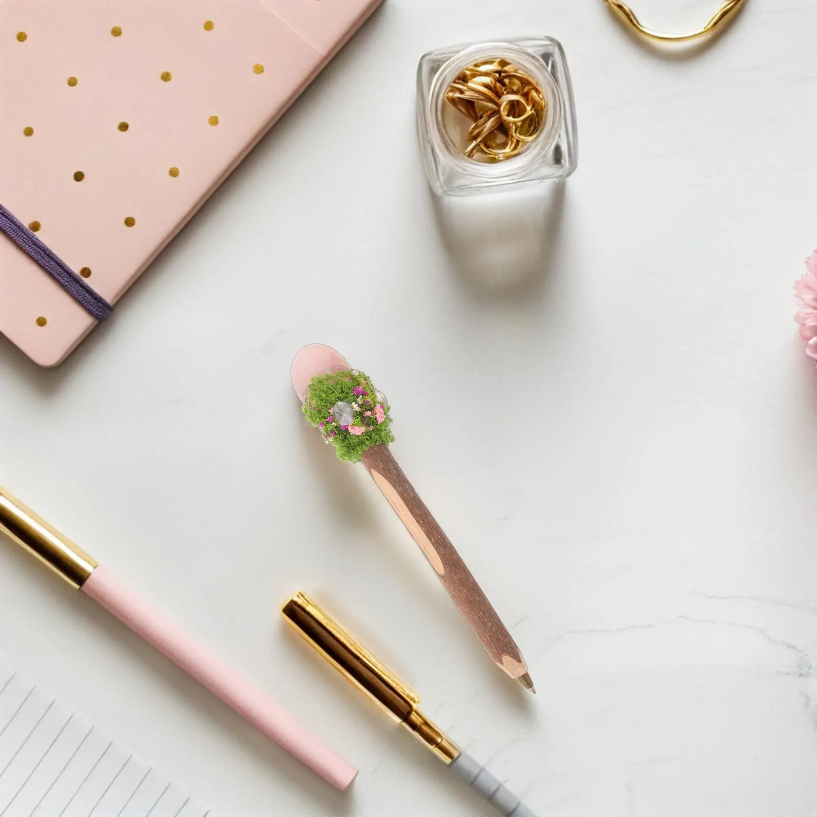 0.7mm Wood Ballpoint Pen with Crystal Top & Rustic Tree Bark Texture – Smooth Writing for Office, School, Home