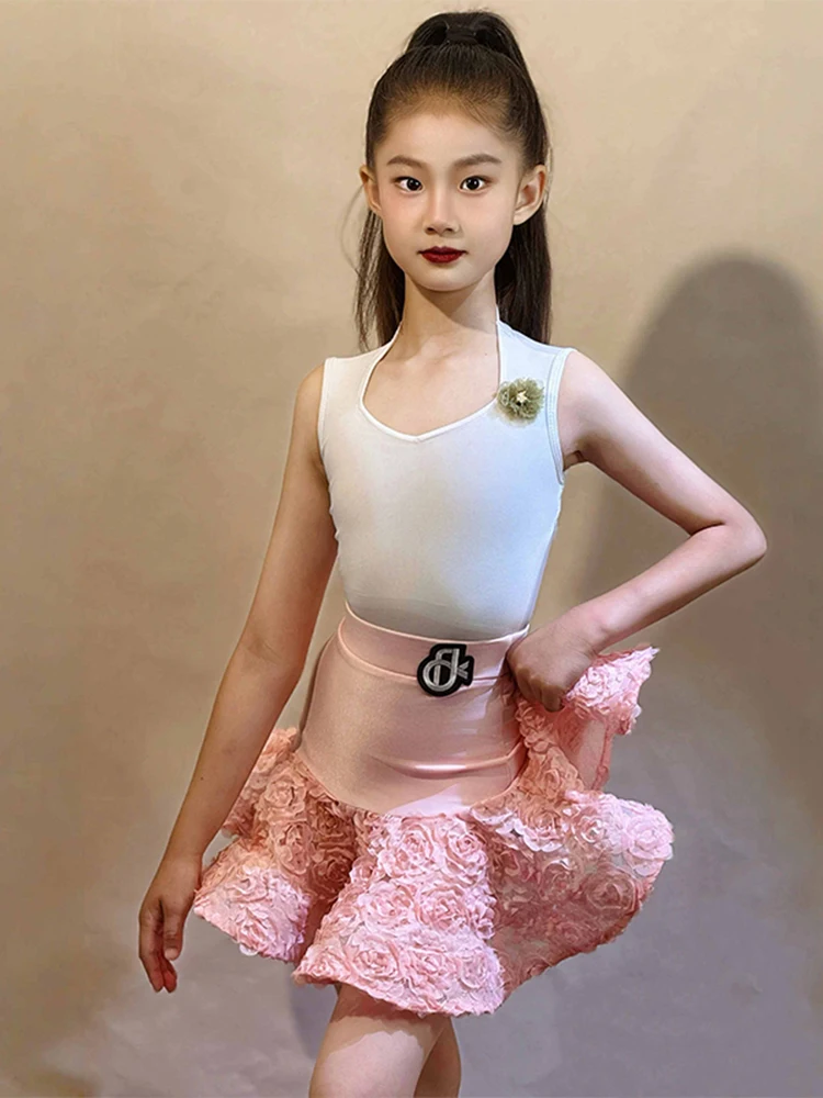 Latin Dance Costume Children Tango Waltz Samba Dance Performance Clothes Girls Sleeveless Professional Dance Practice Set XH2927