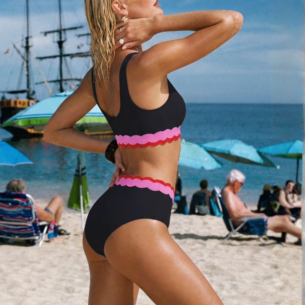 Women 3 Piece Scalloped Trim Bikini Set High Waist Swimsuit With Tie Wrap Skirt Cover Up Beach Swimwear Brazil Summer Vacation