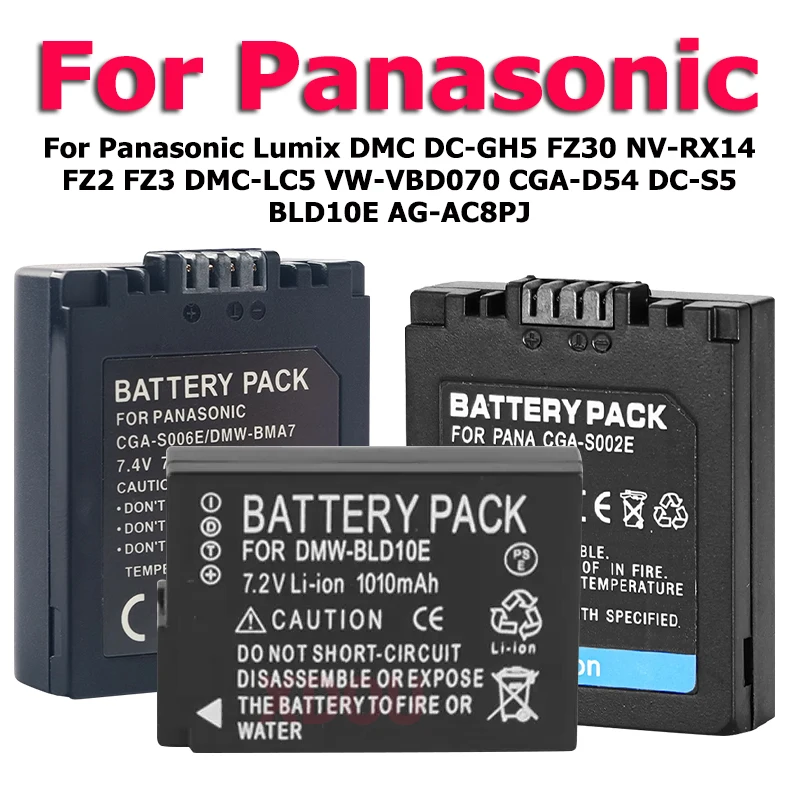 Bateria para Panasonic Lumix, DMW-BLF19, CGA-S006, DMC, DC-GH5, FZ30, NV-RX14, FZ2, FZ3, DMC-LC5, VW-VBD070, CGA-D54, DC-S5, BLD10E, AG-AC8PJ