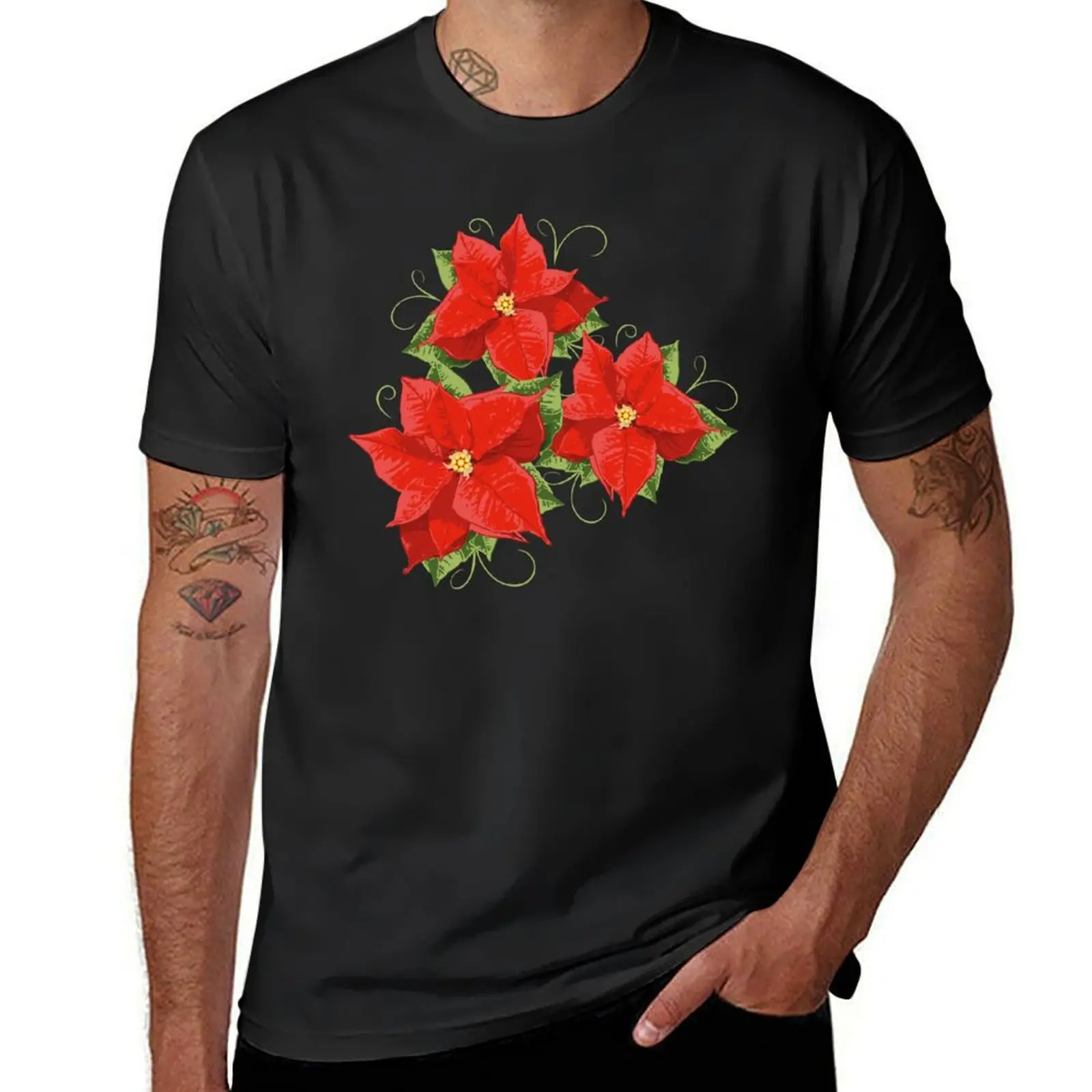 

Poinsettias with leaves. Christmas Flower. T-Shirt quick-drying hippie clothes customs Blouse men t shirts