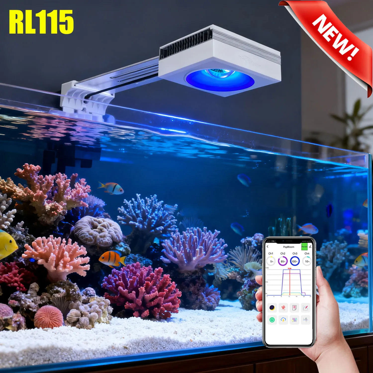 La más nueva luz LED para acuario marino PopBloom RL115 WiFi 115W, lámpara de acuario profesional de espectro completo para tanque de arrecife de corales SPS/LPS