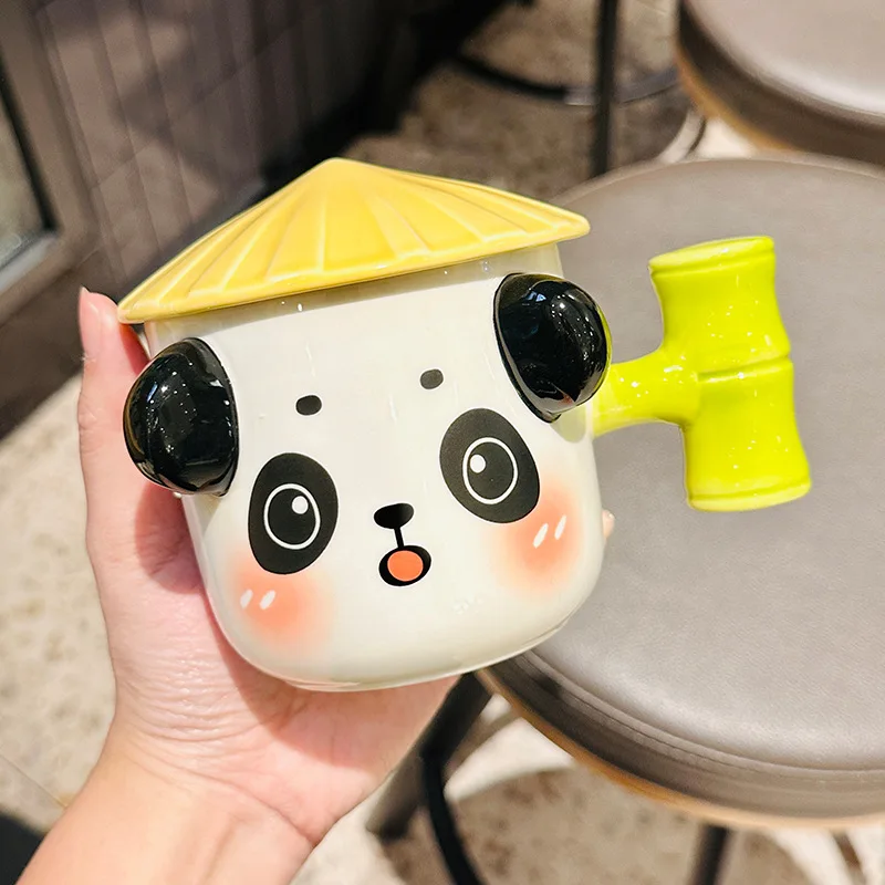 

Cute ceramic panda bamboo mug with lid 3D cartoon animal office water cup