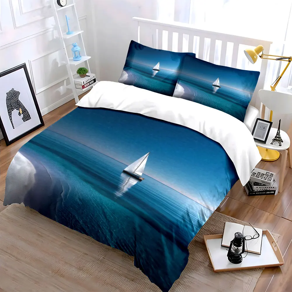 Sailing Beach Landscape Decor Set Bedding Set with 1 Duvet Cover 2 Pillowcases Single Double King Queen, Gift