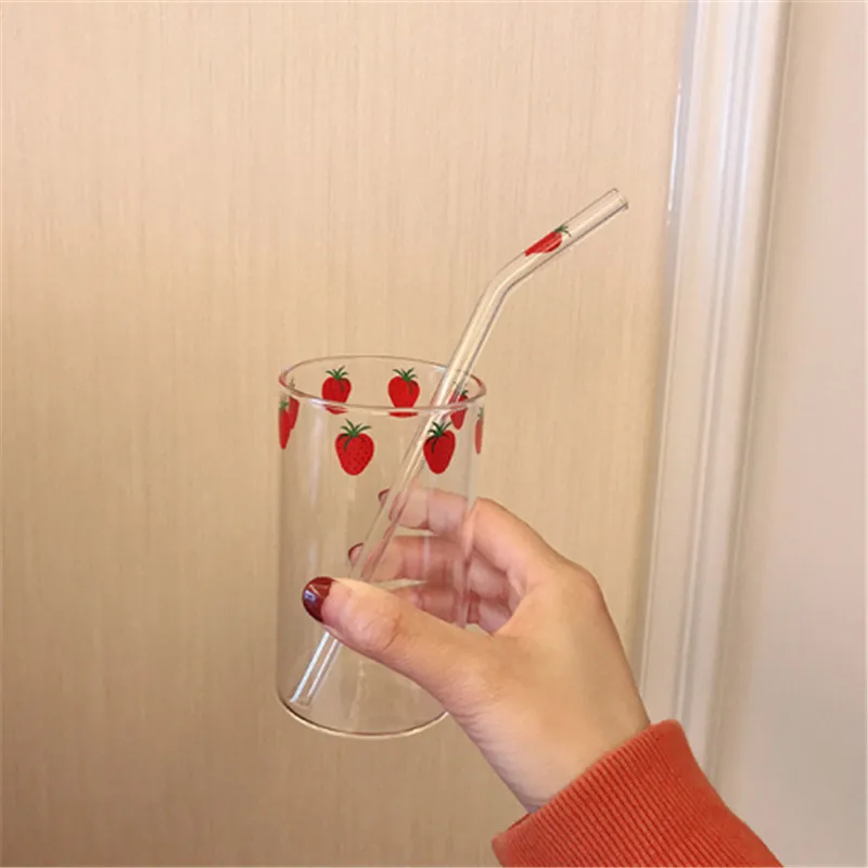 Ins Kawaii Style Mugs Strawberry Glasses Coffee Milk Water Glass Cups with Straws Clear Cute Juice Gifts for Girl Lady Set