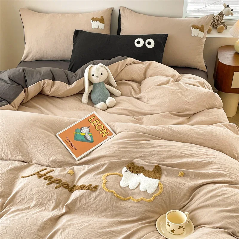 Cute Cat Duvet Cover Queen Size, Cartoon 4pcs Bedding, 3D Fluffy Embroidered Comforter Covers Bed Sheet Set for Girls Kids Teen