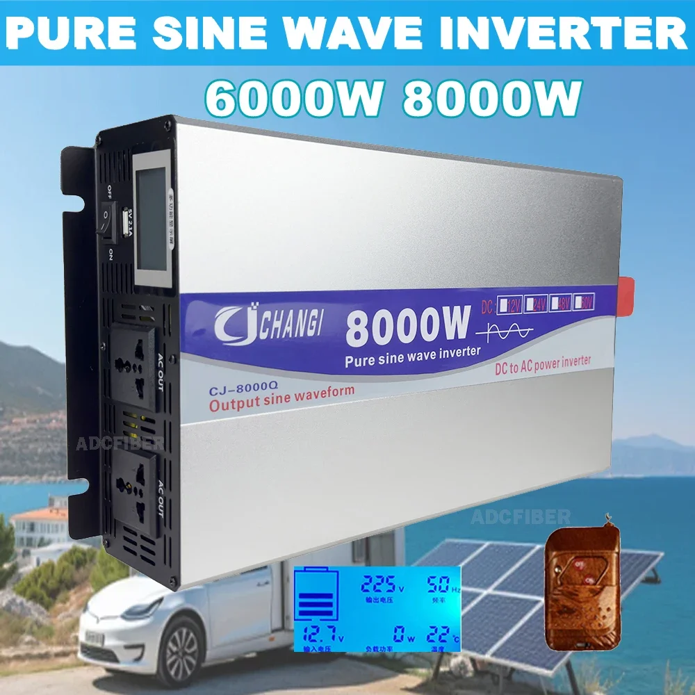 Pure Sine Wave Inverter 6000W 8000W DC 12V-72V To AC 110V 220V Portable Power Bank Converter Home Solar wIth USB