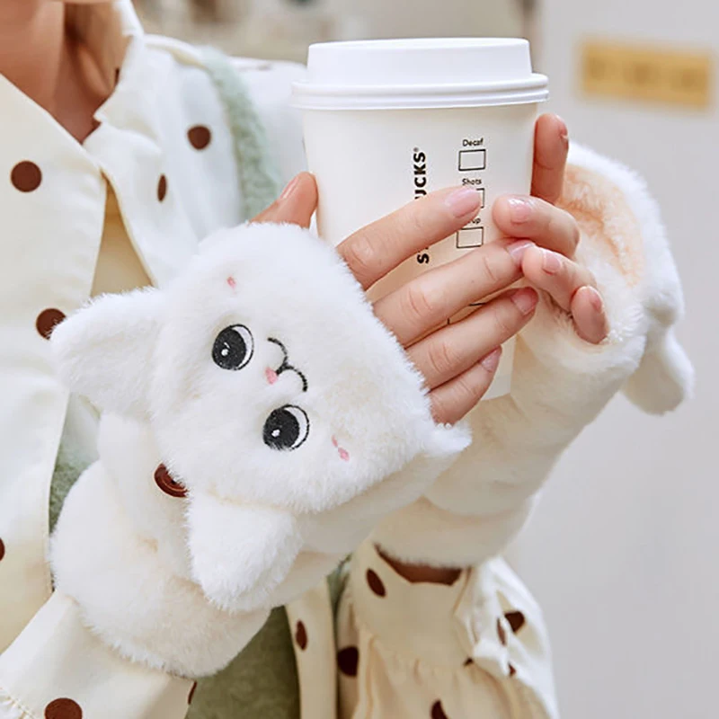 Lovely Plush Cat Mittens Fingerless Gloves for Women Winter Warm Rabbit Fur Mittens Flip Half Finger Gloves for Cycling Gloves