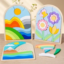Wooden 3D creative puzzle, three-dimensional shaped blocks, rainbow/hill/flower scenes, Montessori Early Learning 2-6 years old