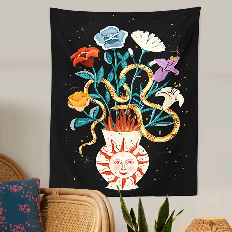 Tarot sun Tapestry Flower Hand Wall Hanging vase snake Black Throw Wall Blanket Home Decor Hippie Mattress Dorm Room Decor