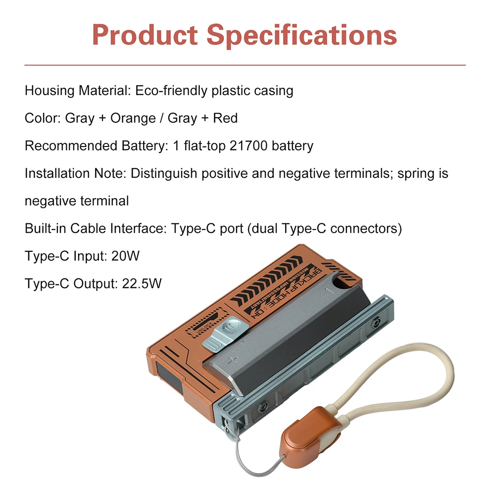 21700 PD 22.5W Portable Power Bank Case Detachable Fast Charging DIY Power Bank Holder Built-in Cable No Battery Type-C
