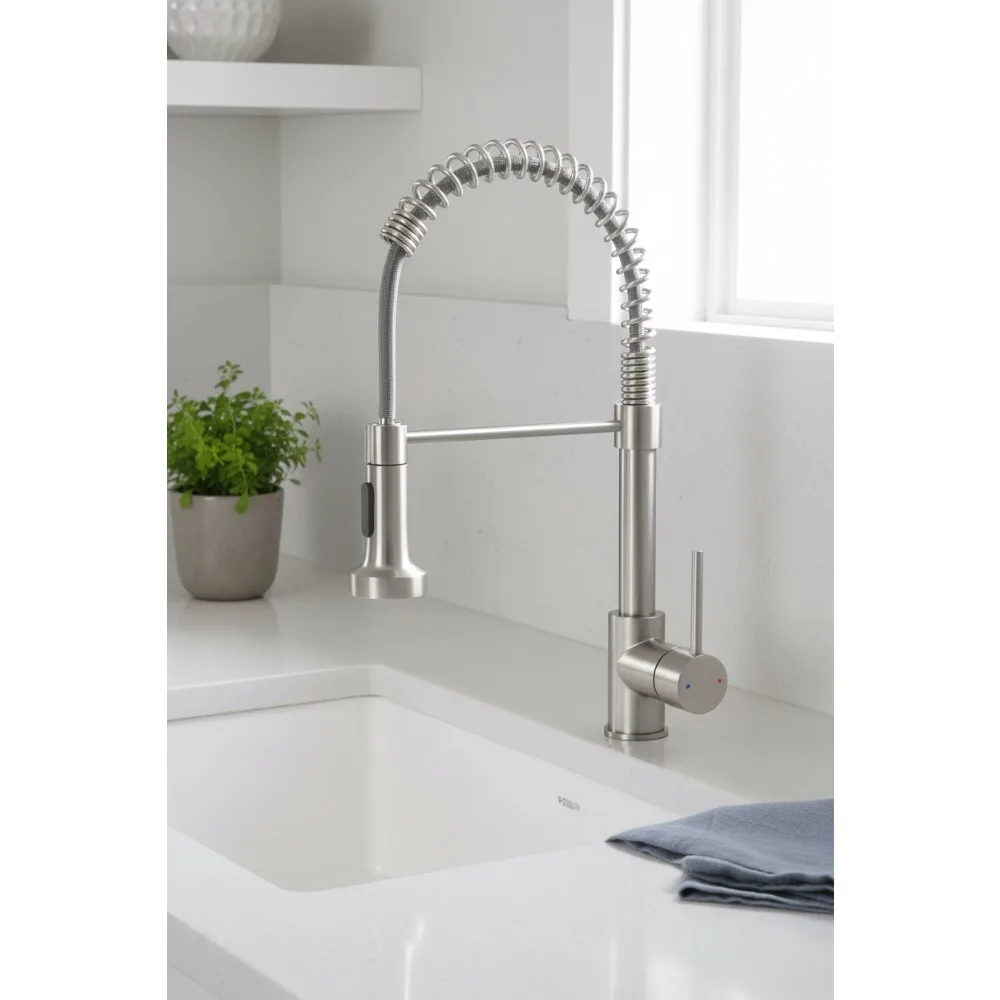 

Pull Down Sprayer Kitchen Faucet Brushed Nickel Stainless Steel 1/3 Hole Dual Function Farmhouse Laundry Utility Sink