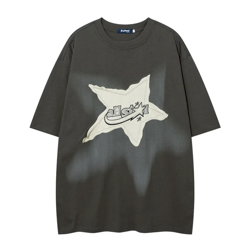 Hip Hop Oversied Star Patches T Shirt Harakuju Streetwear Casual Top Tees For Male Short Sleeves