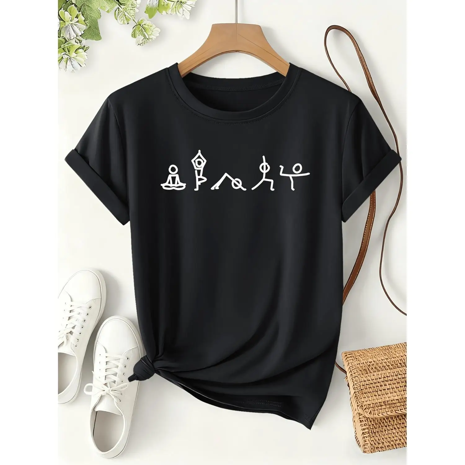 Women's Yoga Figure Icon Print T-Shirt, 2026 Spring/Summer Fun Style Short Sleeve, Lightweight Sporty Daily Wear Loose Fit Top, Cute and Fun Sports Themed Fashionable Versatile Design, Women's Clothing
