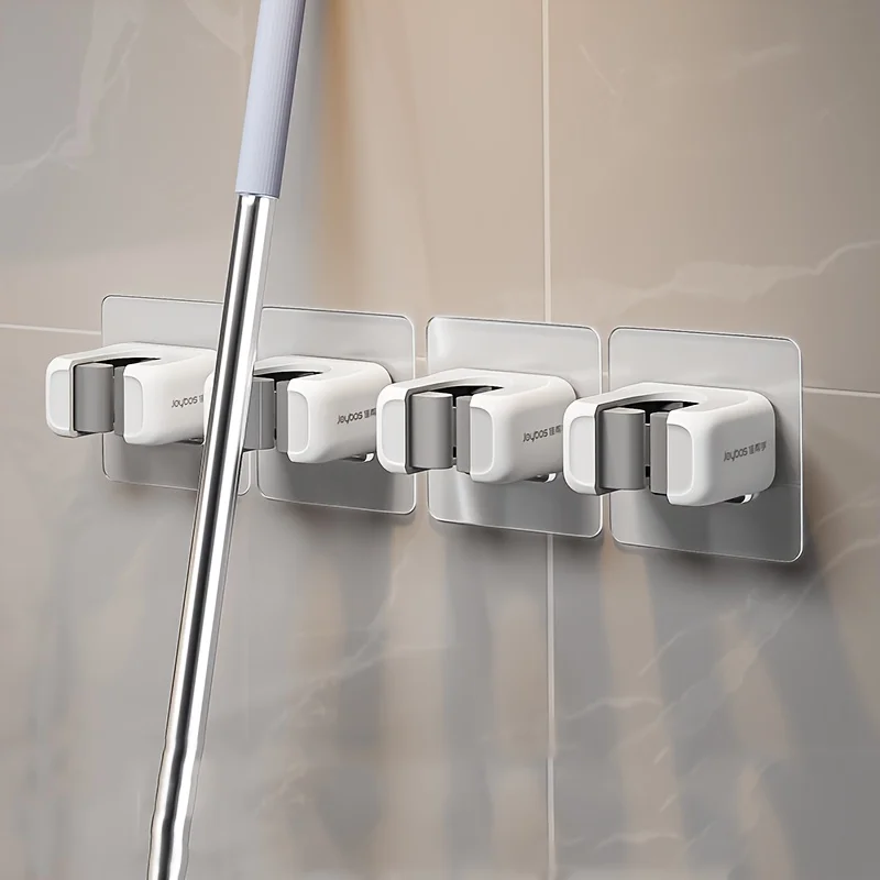 Support mural pour balai et serpillière, lot de 4, style moderne, clip de rangement en plastique, pas de perçage requis, support de balai auto-adhésif, support de rangement pour outils en plastique pour la maison