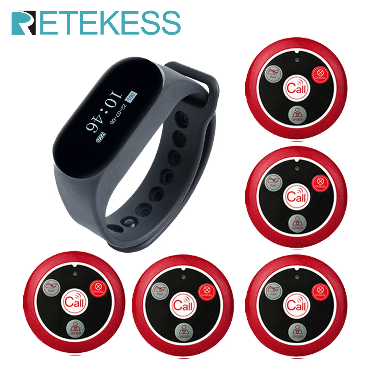 

RETEKESS Restaurant Wireless Waiter Calling System TD112 Waterproof Watch Pager Receiver 5 T117 Call Buttons For Coffee Bar Club