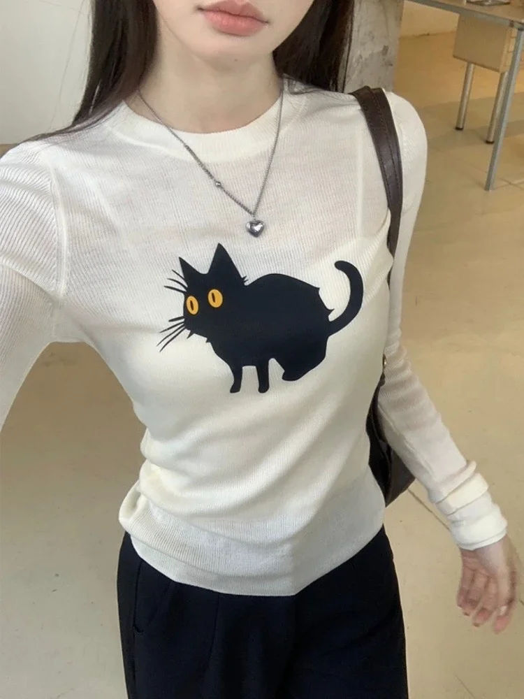 2025 Daily Y2k Kawaii Cuteore Knitted Pullovers Women Sweet Vintage Cute Cat Print Long Sleeve Solid Slim Sweater Streetrwear