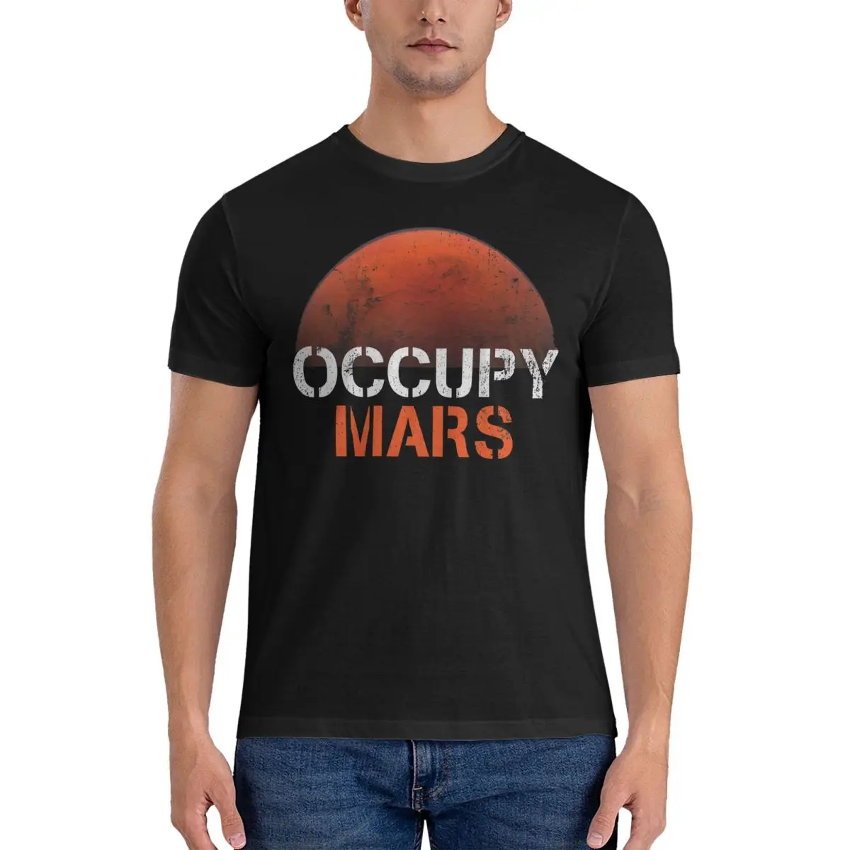 Men's T-Shirt Space Planet Funny 100% Cotton Tee Shirt Short Sleeve Occupy Mars T Shirts Crewneck Clothes Original