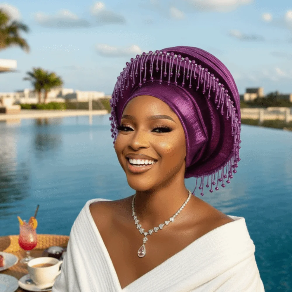 Ceremony Headpiece Structured Auto Gele Layered Pre-tied African Turban Handmade Tasseled Fringe Headwrap Nigerian Wedding