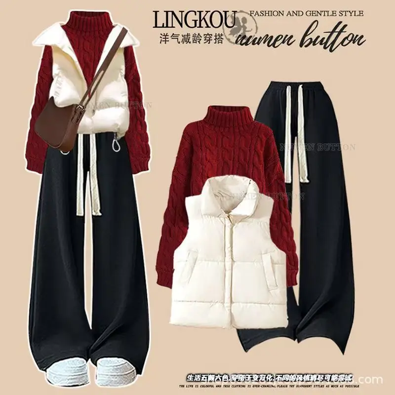 

Autumn and Winter Collar Zipper Tank Top High Collar Knitted Sweater+Elastic Waist Wide Leg Pants 3-Piece Set