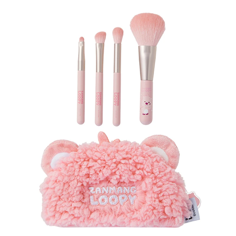 

Miniso Loopy Portable Makeup Brush Set Super Soft Hair Makeup Brushes 4Pcs Plush Storage Bag Travel Set