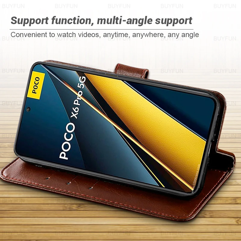 PocoX6Pro Case leather flip wallet stand Coque For Xiaomi Poco X6 Pro 5G Poko Little Pocox6 x 6 X6Pro Shell Magnetic Phone Cover