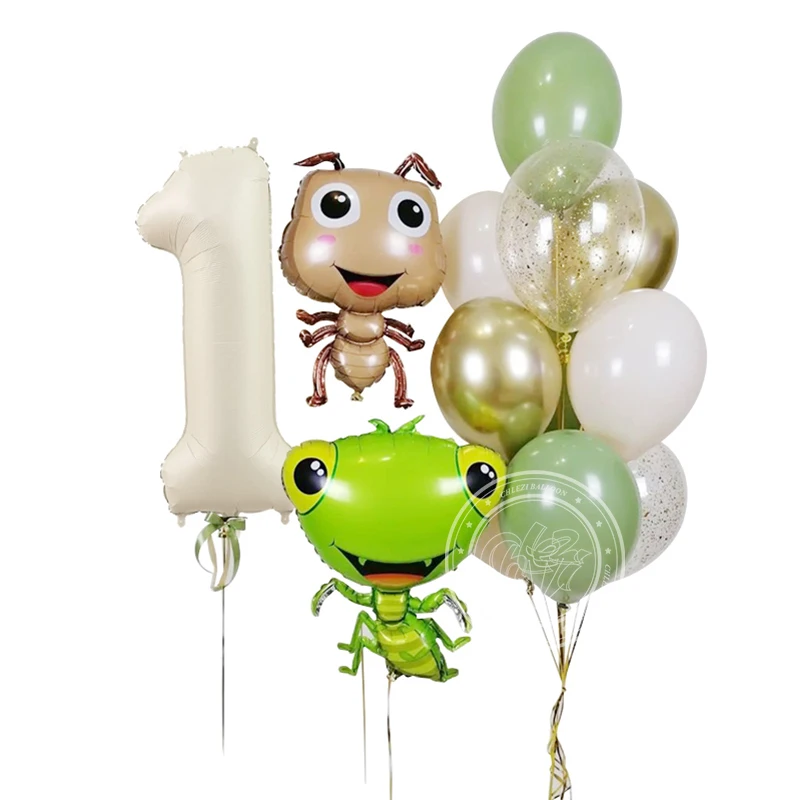 13pcs Ant Mantis Insect Balloons 40Inch Big Cream Number Foil Birthday Balloons 0-9 Happy Birthday Party Decorations Baby Shower