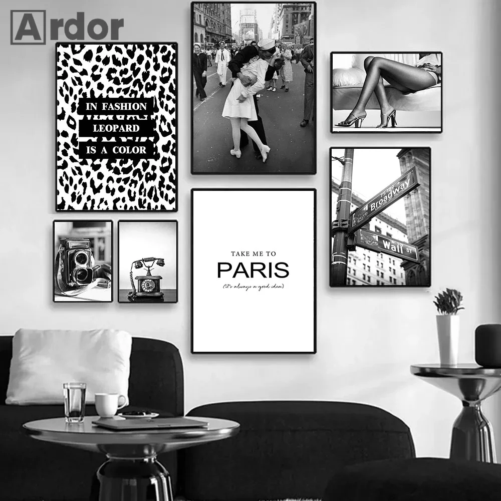 Retro Phone Camera Posters Black And White Fashion Woman Canvas Print Painting Paris Wall Art Nordic Poster Picture Home Decor