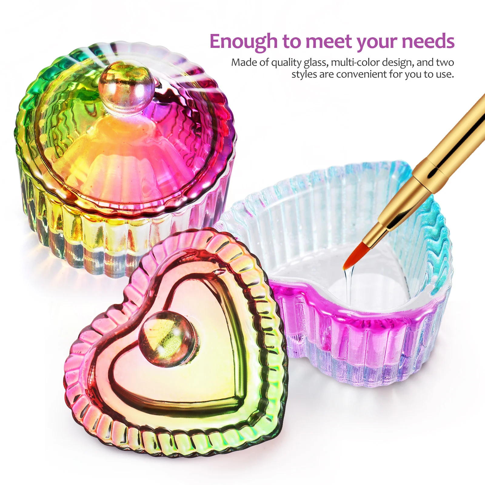 

2Pcs Crystal Cup Dappen Dish Glass Colorful Round Heart Shape Storage Bowl for Acrylic Nail Liquid Monomer Tools Organizer