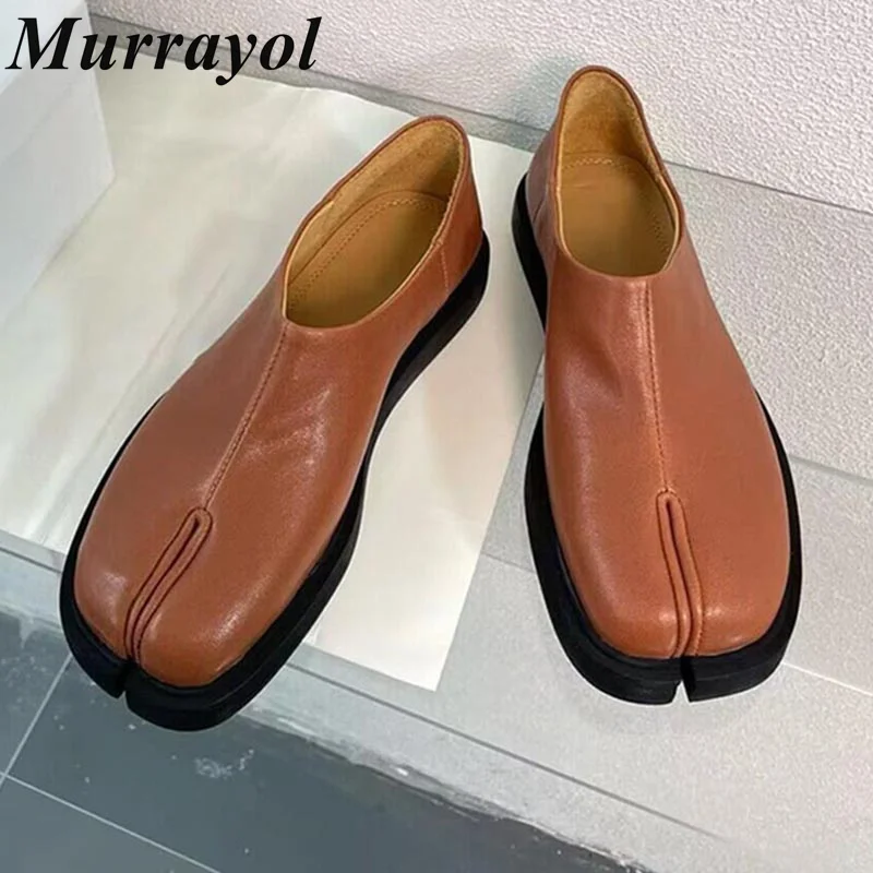 

Split Toe Genuine Leather Thick Bottom Mary Jane Shoes Women Solid Color Shallow Mouth Flat Shoes Spring Autumn Single Shoes