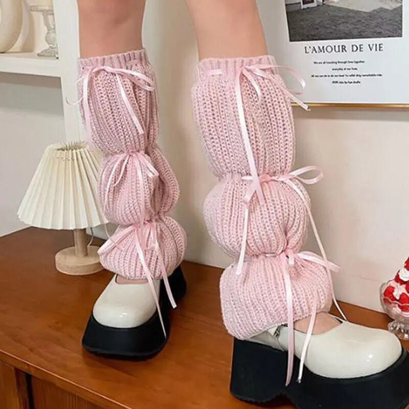 JK Lolita Harajuku Leg Warmers Women Bubble Lantern Lace-up Stockings Leg Cover Gothic Y2K Style Crochet Wool Knitted Long Socks