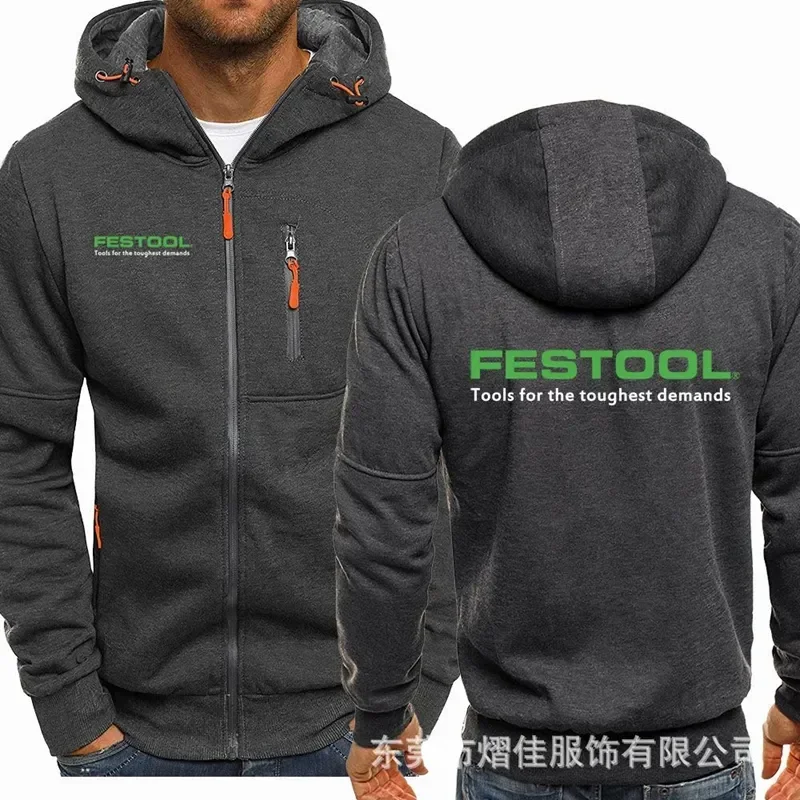 FESTOOL-Fato de treino bombardeiro com capuz manga comprida com bolso com cordão, casaco zip, moletom outono e inverno, novo, 2023