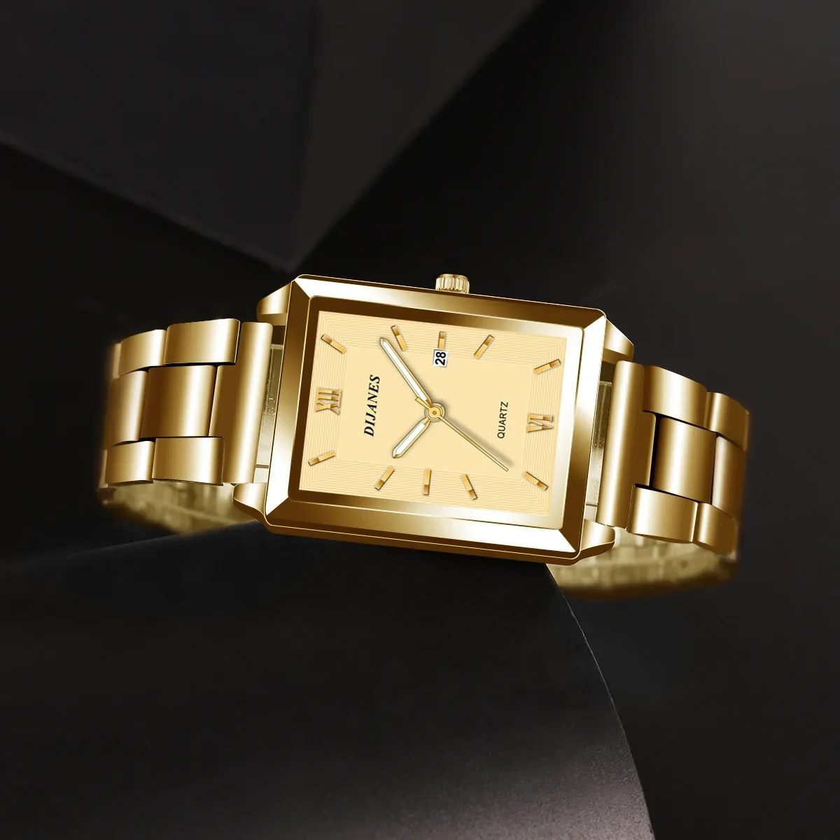 Gold Color Date Square Quartz Watch with Box for Women Men New Luxury Couple Watches Stainless Steel Casual Fashion Wristwatch