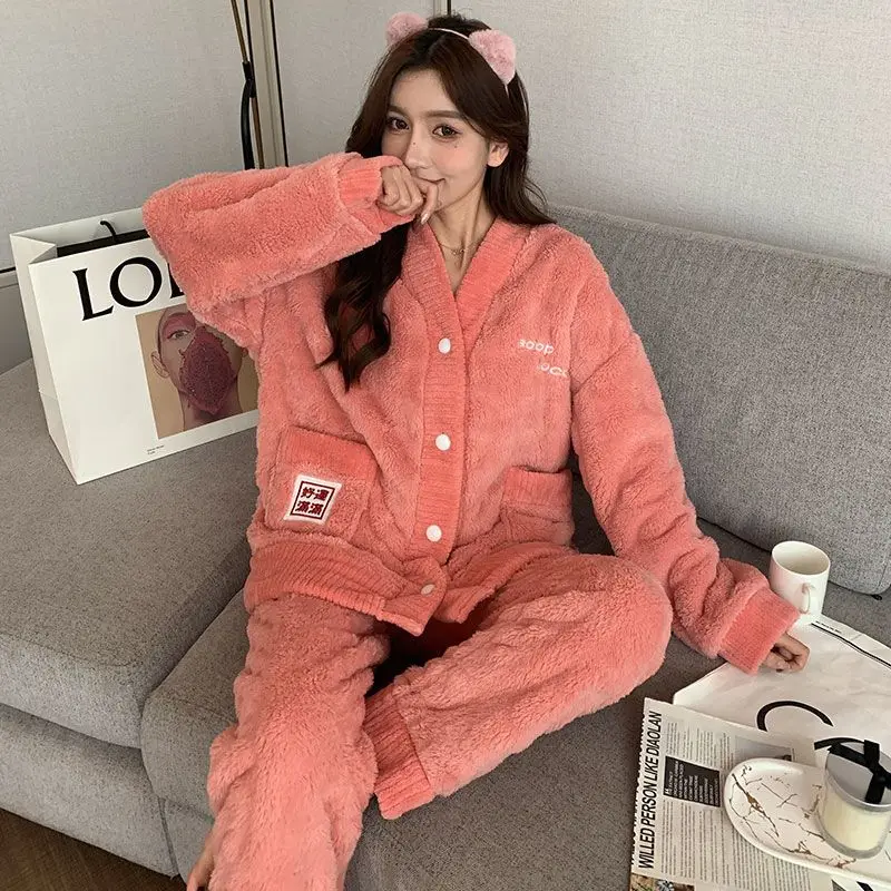 Famale Coral Samt Pyjama Frauen plus Samt Nachtwäsche Anzug Verdickung Homewear Sets 2024 neue Winter Lounge wear Damen Pyjamas