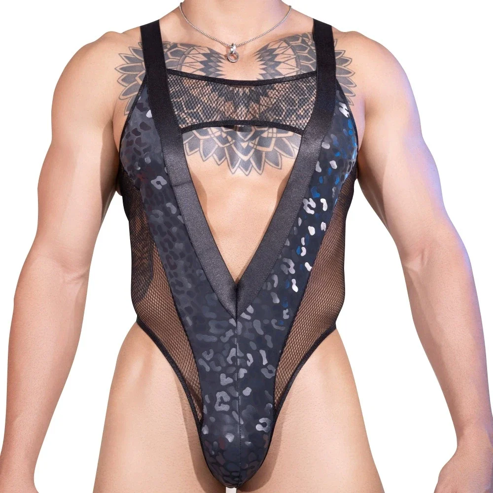 

Sexy Men's Hollow Out Bodysuit Tops Deep V Neck Mesh Patchwork High Cut Thong Tights Open Crotch U Bulge Pouch Sheath Man Onesie